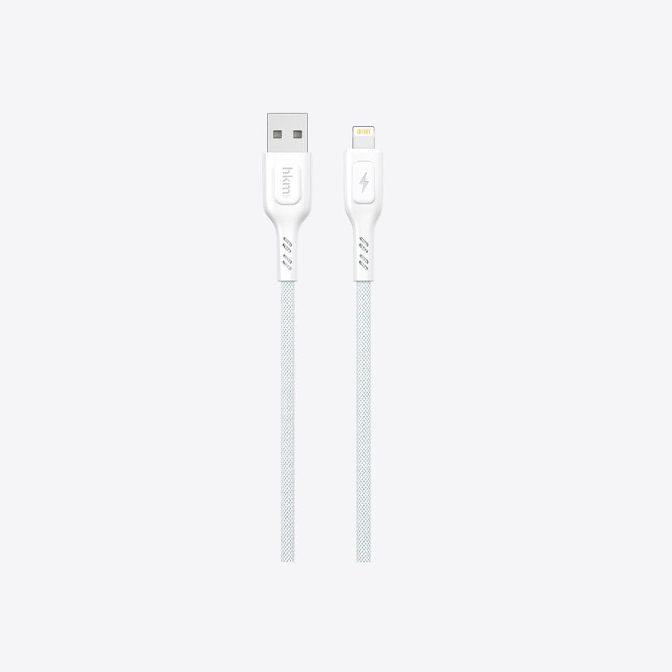 hkm tech KNIT 2A Çıkışlı, USB-A to Lightning Şarj ve Data Aktarım Kablosu Beyaz