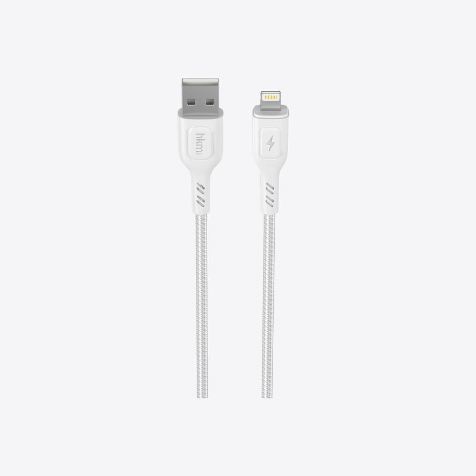hkm tech KNIT 2A Çıkışlı, USB-A to Lightning Şarj ve Data Aktarım Kablosu Beyaz