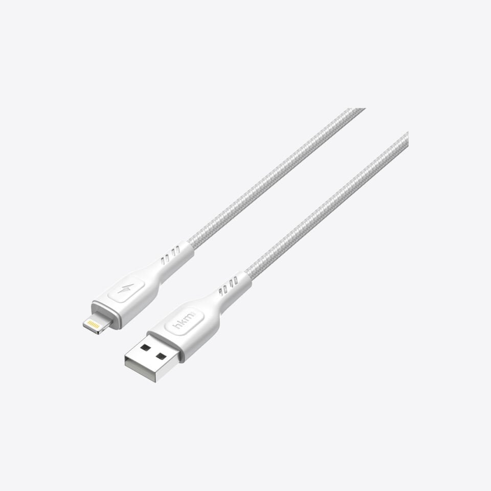 hkm tech KNIT 2A Çıkışlı, USB-A to Lightning Şarj ve Data Aktarım Kablosu Beyaz