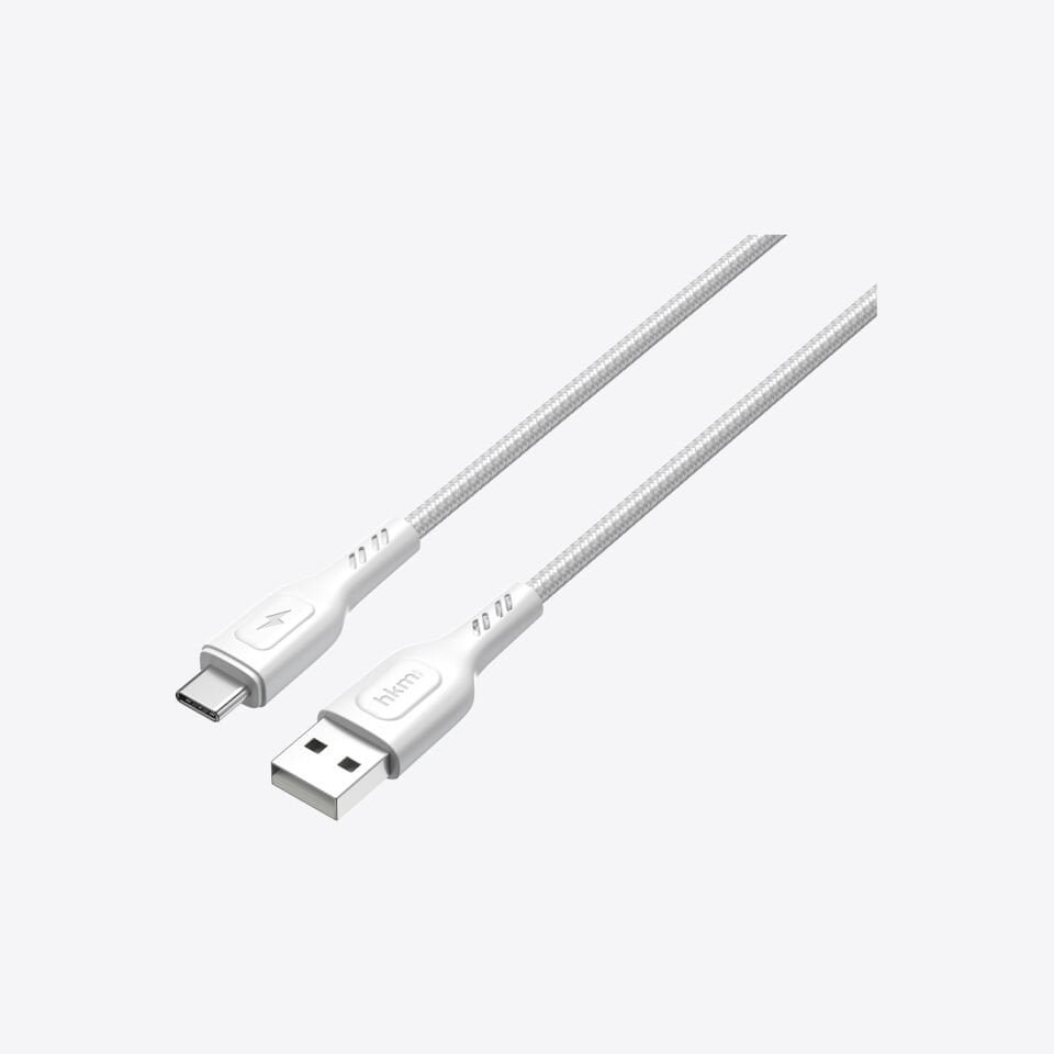 hkm tech KNIT 2A Çıkışlı, USB-A to Type-C Şarj ve Data Aktarım Kablosu Beyaz