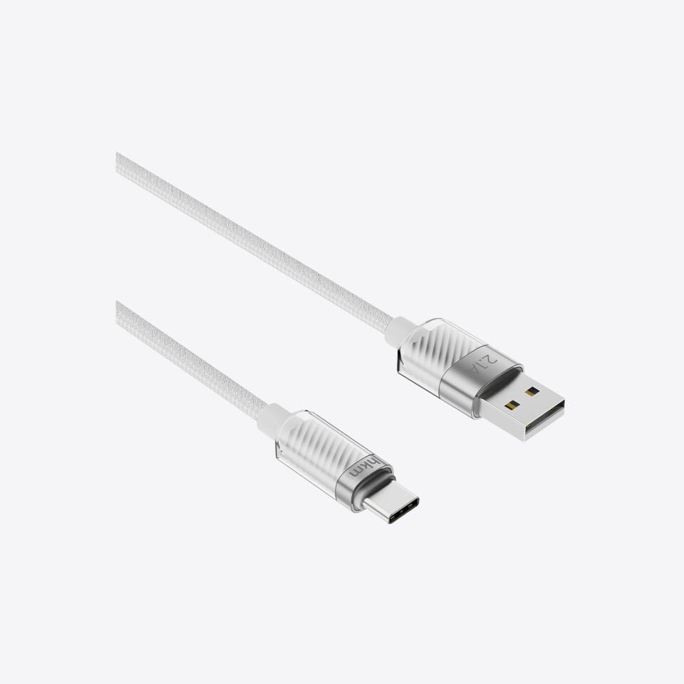 hkm tech KNIT GLAM 2.1A Hızlı Şarj Destekli, USB-A to Type-C Şarj ve Data Aktarım Kablosu Beyaz