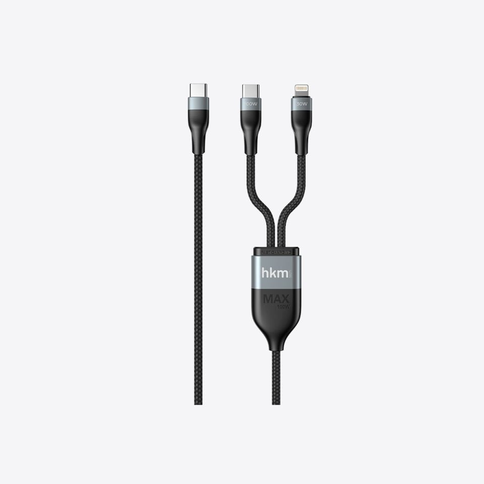 hkm tech DUO POWER 100W Çift Uçlu, Type-C to Lightning + Type-C Şarj Kablosu