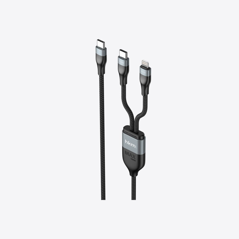 hkm tech DUO POWER 100W Çift Uçlu, Type-C to Lightning + Type-C Şarj Kablosu