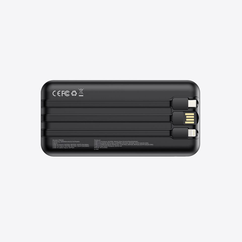 hkm tech POWER NANO 20.000 mAh 20W Hızlı Şarj Destekli, Type-C ve Lightning Kablolu Powerbank