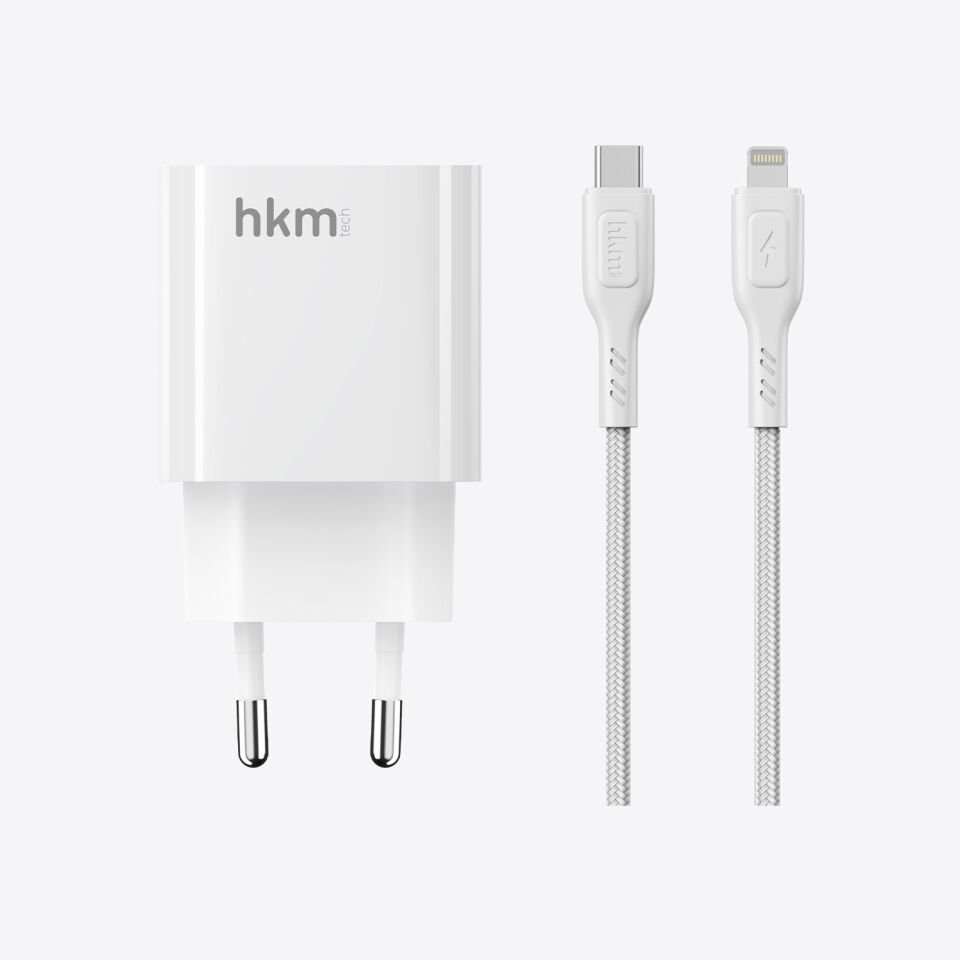 hkm tech BOLT DUO 20W USB-A ve Type-C Çift Portlu Hızlı Şarj Aleti ve Lightning Kablo Seti