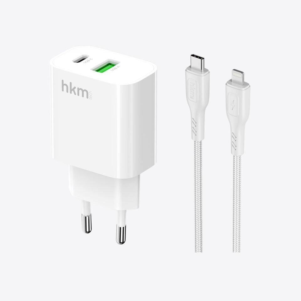 hkm tech BOLT DUO 20W USB-A ve Type-C Çift Portlu Hızlı Şarj Aleti ve Lightning Kablo Seti