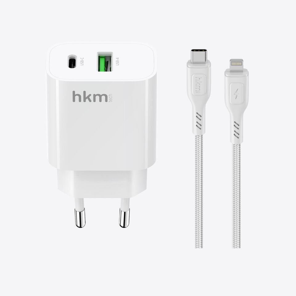 hkm tech BOLT DUO 20W USB-A ve Type-C Çift Portlu Hızlı Şarj Aleti ve Lightning Kablo Seti