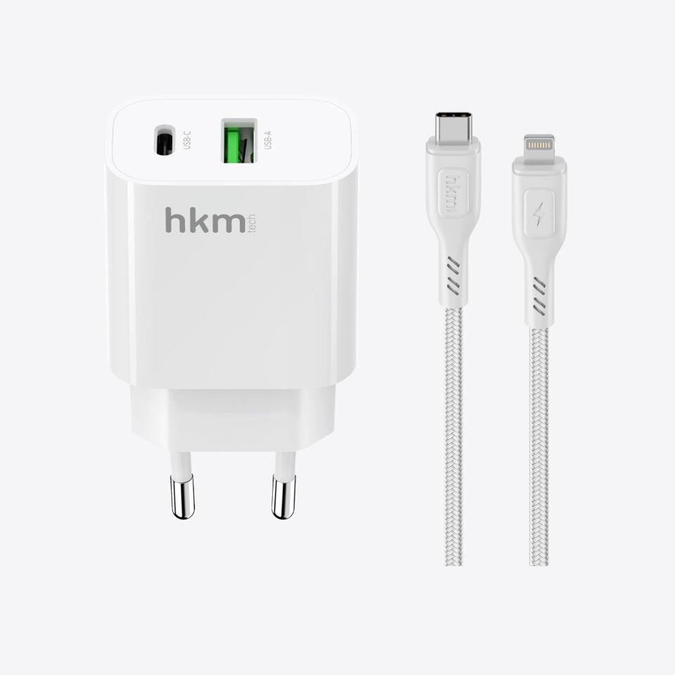 hkm tech BOLT DUO 20W USB-A ve Type-C Çift Portlu Hızlı Şarj Aleti ve Lightning Kablo Seti
