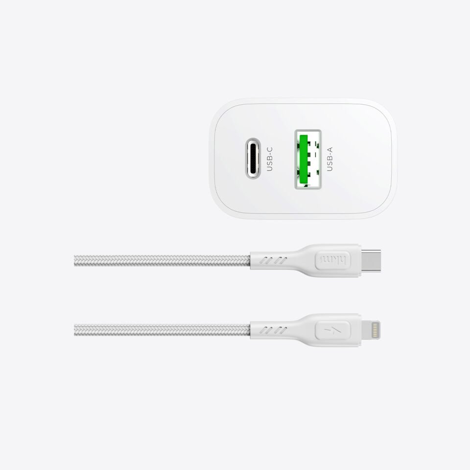 hkm tech BOLT DUO 20W USB-A ve Type-C Çift Portlu Hızlı Şarj Aleti ve Lightning Kablo Seti