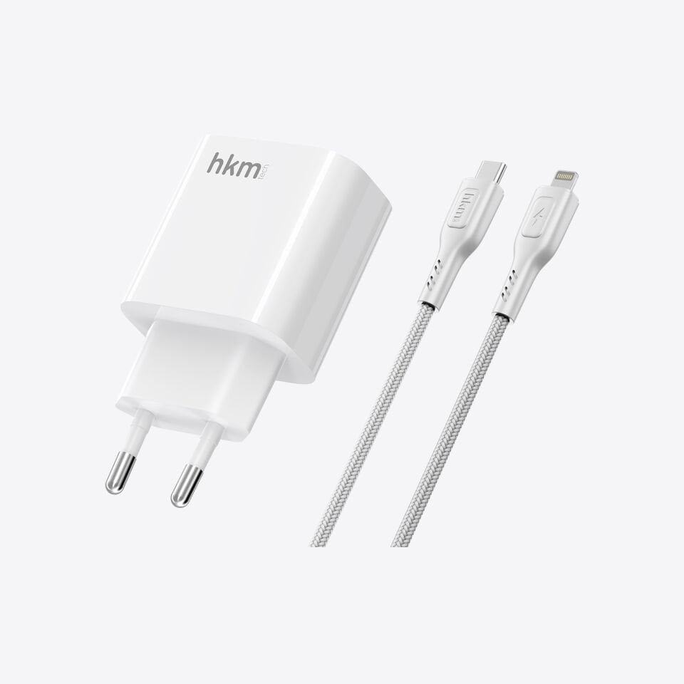 hkm tech BOLT DUO 20W USB-A ve Type-C Çift Portlu Hızlı Şarj Aleti ve Lightning Kablo Seti