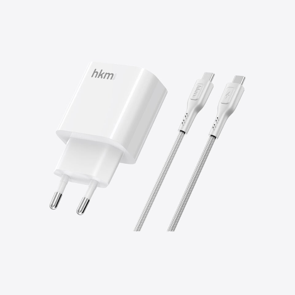 hkm tech BOLT DUO 20W USB-A ve Type-C Çift Portlu Hızlı Şarj Aleti ve Type-C Kablo Seti