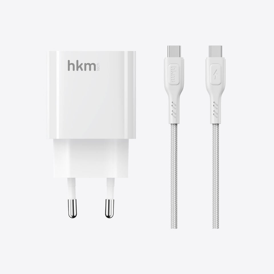 hkm tech BOLT DUO 20W USB-A ve Type-C Çift Portlu Hızlı Şarj Aleti ve Type-C Kablo Seti