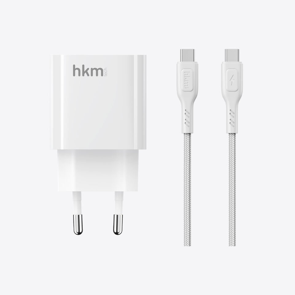 hkm tech BOLT DUO 20W USB-A ve Type-C Çift Portlu Hızlı Şarj Aleti ve Type-C Kablo Seti