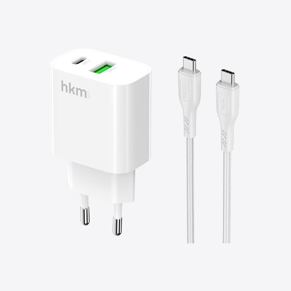hkm tech BOLT DUO 20W USB-A ve Type-C Çift Portlu Hızlı Şarj Aleti ve Type-C Kablo Seti
