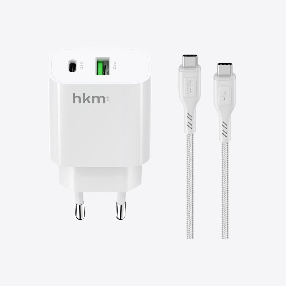 hkm tech BOLT DUO 20W USB-A ve Type-C Çift Portlu Hızlı Şarj Aleti ve Type-C Kablo Seti