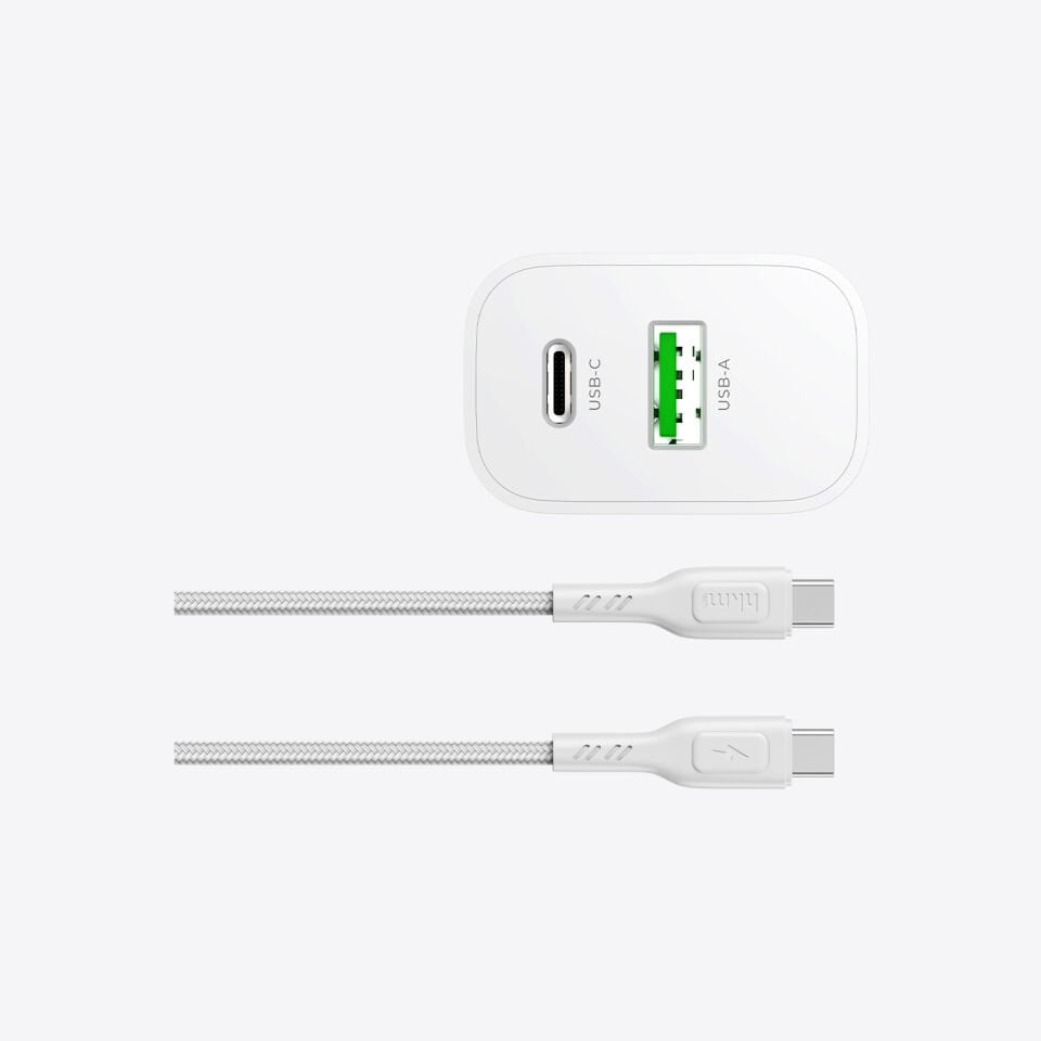 hkm tech BOLT DUO 20W USB-A ve Type-C Çift Portlu Hızlı Şarj Aleti ve Type-C Kablo Seti