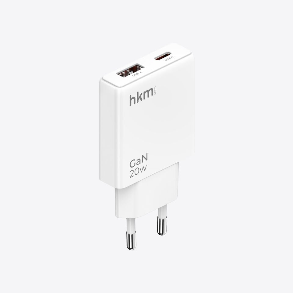 hkm tech EXTRA SLIM GaN 20W USB-A ve Type-C Çift Portlu Ultra İnce ve Hızlı Şarj Aleti