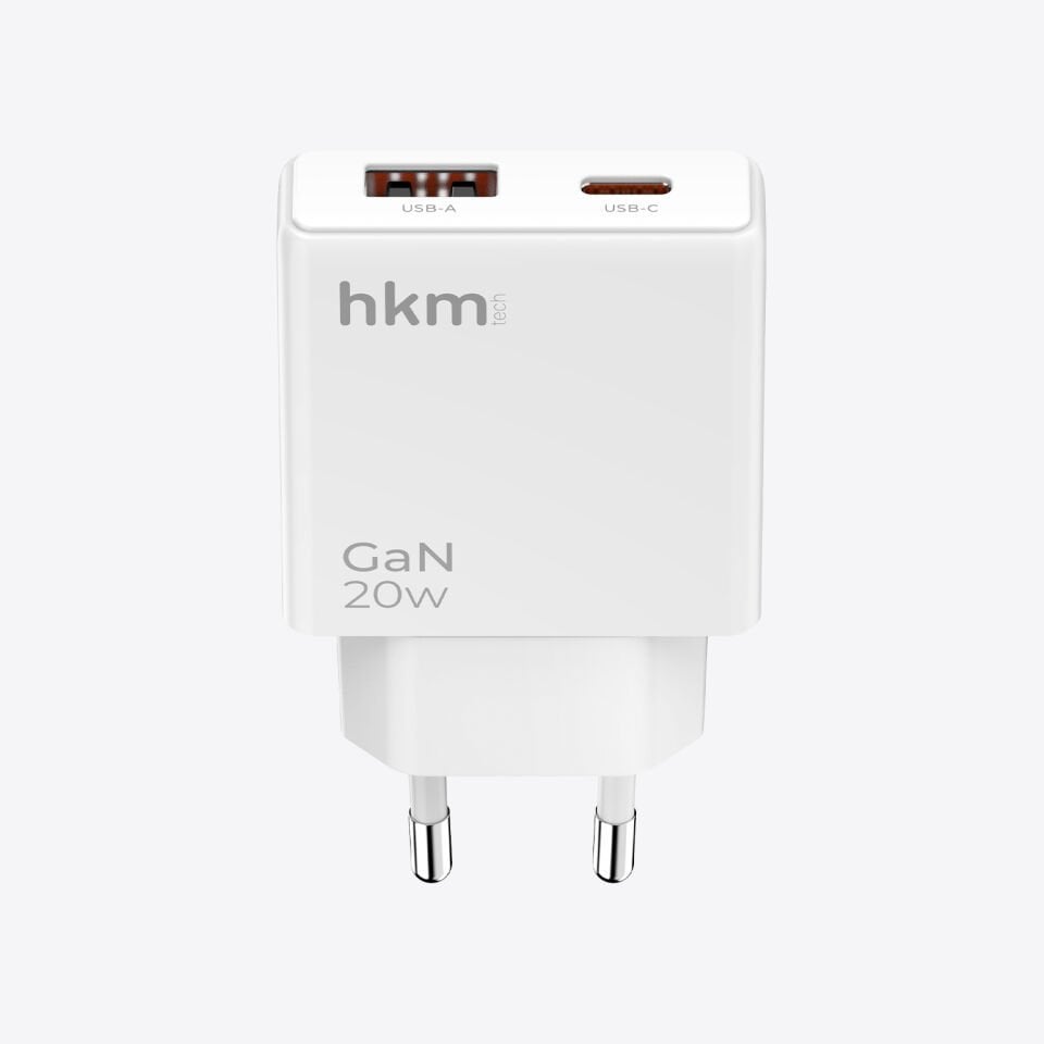 hkm tech EXTRA SLIM GaN 20W USB-A ve Type-C Çift Portlu Ultra İnce ve Hızlı Şarj Aleti