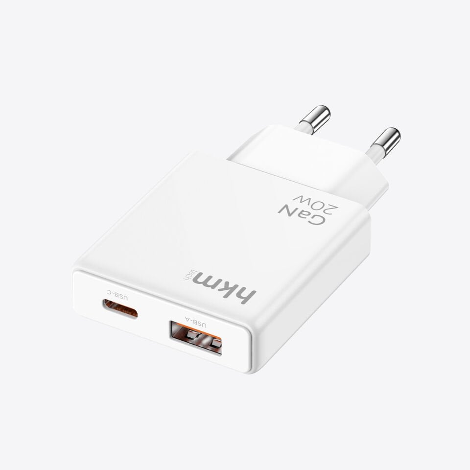 hkm tech EXTRA SLIM GaN 20W USB-A ve Type-C Çift Portlu Ultra İnce ve Hızlı Şarj Aleti