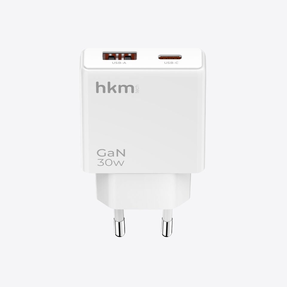 hkm tech EXTRA SLIM GaN 30W USB-A ve Type-C Çift Portlu Ultra İnce ve Hızlı Şarj Aleti
