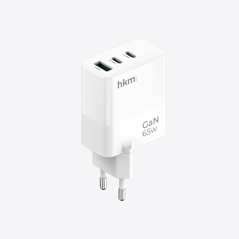 hkm tech GaN MULTI 65W USB-A ve 2*Type-C Üç Portlu Hızlı Şarj Aleti