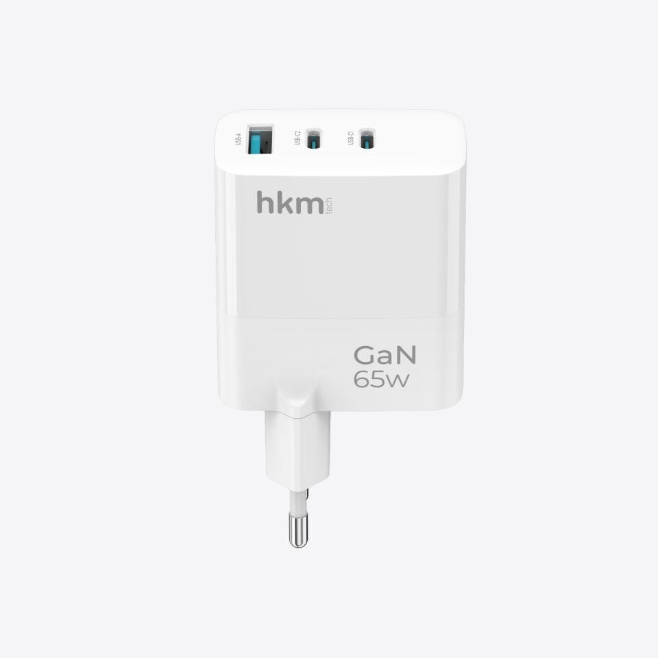 hkm tech GaN MULTI 65W USB-A ve 2*Type-C Üç Portlu Hızlı Şarj Aleti