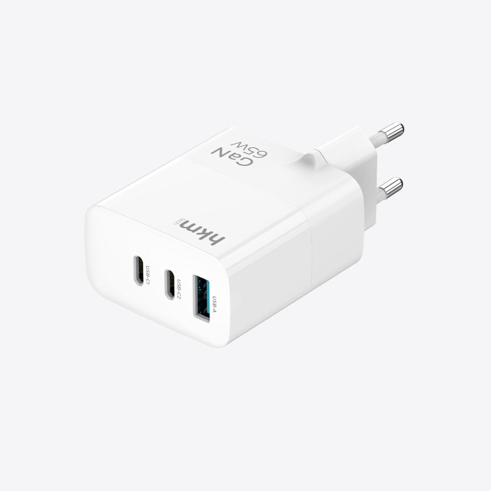 hkm tech GaN MULTI 65W USB-A ve 2*Type-C Üç Portlu Hızlı Şarj Aleti
