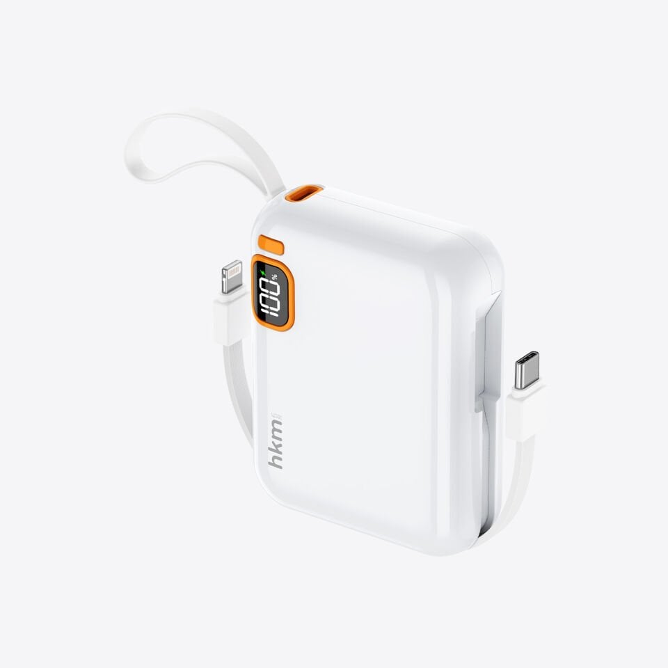 hkm tech POWER DUO 10.000 mAh 20W Hızlı Şarj Destekli, Type-C ve Lightning Kablolu Powerbank Beyaz