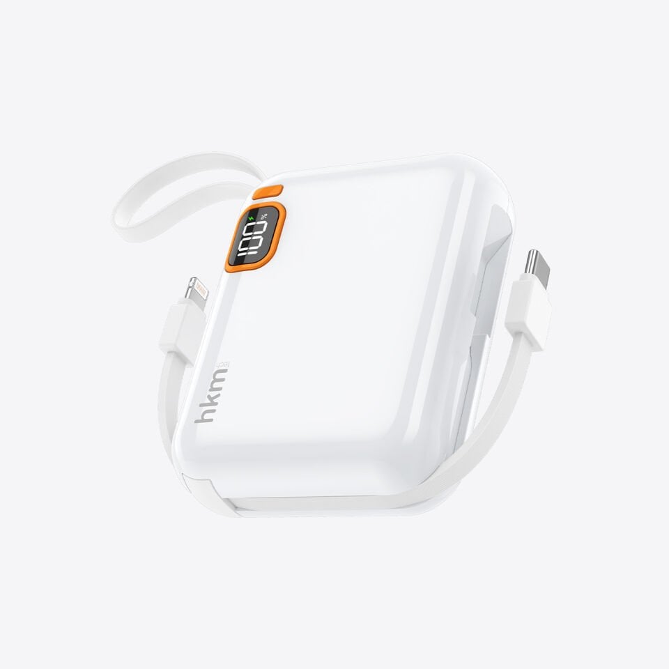 hkm tech POWER DUO 10.000 mAh 20W Hızlı Şarj Destekli, Type-C ve Lightning Kablolu Powerbank Beyaz