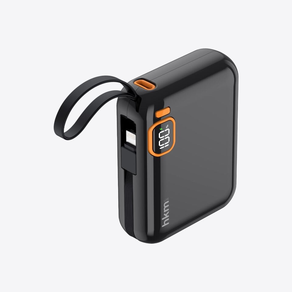hkm tech POWER DUO 10.000 mAh 20W Hızlı Şarj Destekli, Type-C ve Lightning Kablolu Powerbank Siyah