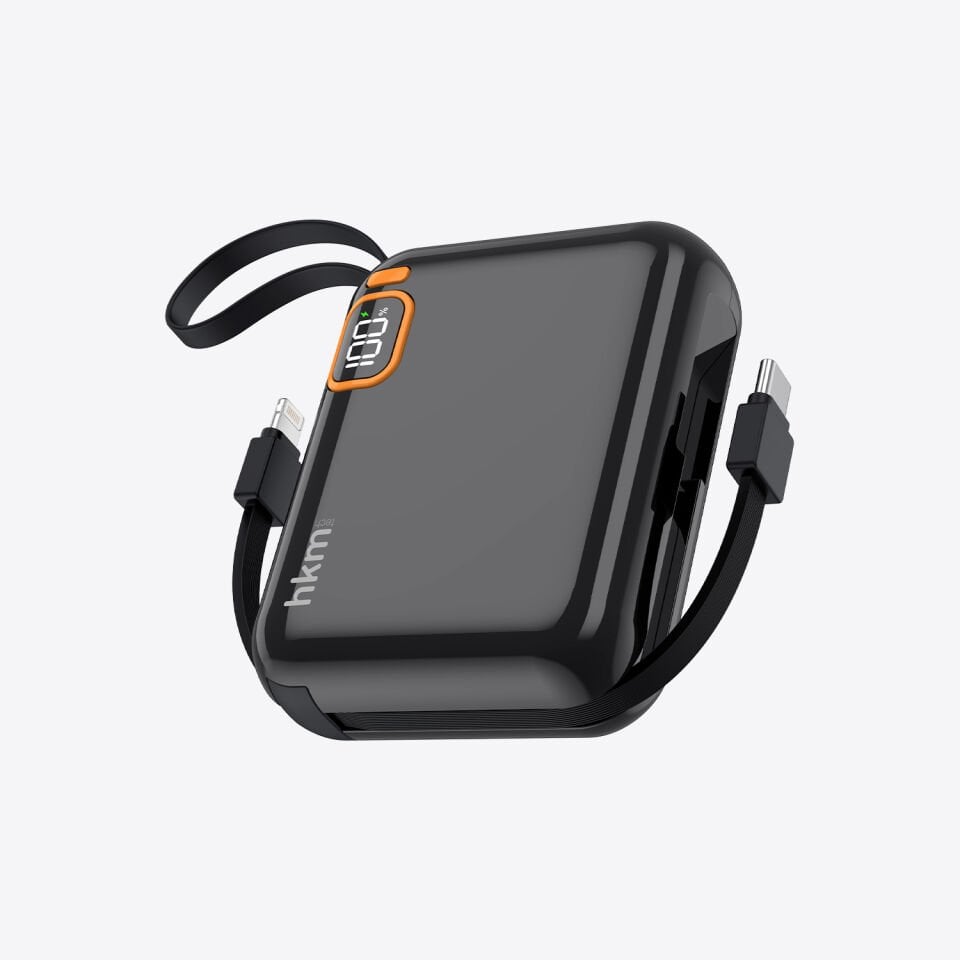hkm tech POWER DUO 10.000 mAh 20W Hızlı Şarj Destekli, Type-C ve Lightning Kablolu Powerbank Siyah