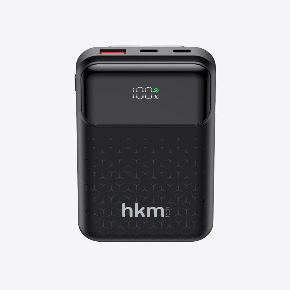 hkm tech POWER NANO 10.000 mAh 20W Hızlı Şarj Destekli, Type-C ve Lightning Kablolu Powerbank Siyah