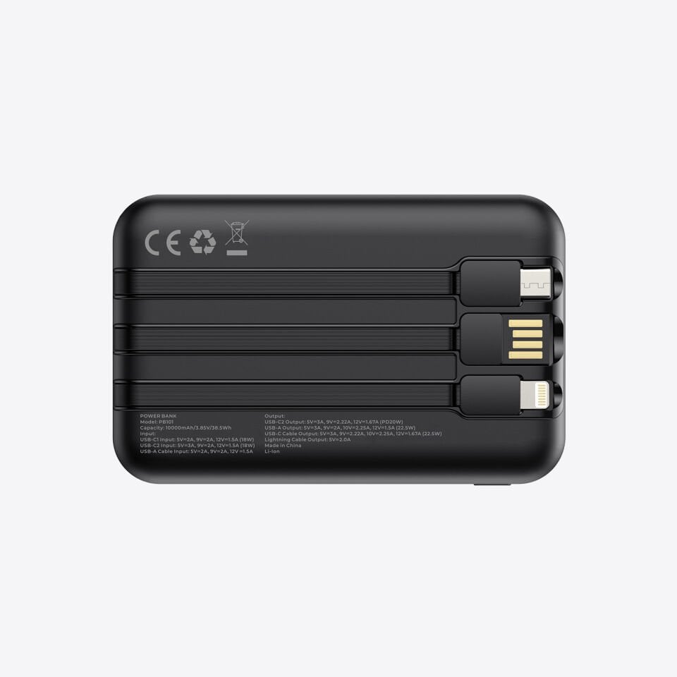 hkm tech POWER NANO 10.000 mAh 20W Hızlı Şarj Destekli, Type-C ve Lightning Kablolu Powerbank Siyah